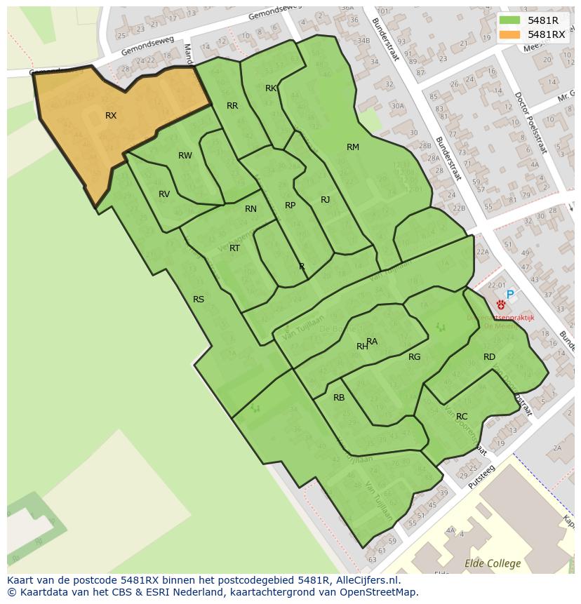 Afbeelding van het postcodegebied 5481 RX op de kaart.