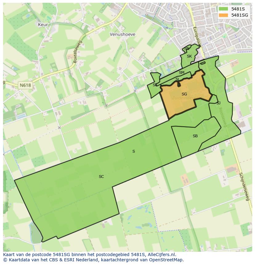 Afbeelding van het postcodegebied 5481 SG op de kaart.