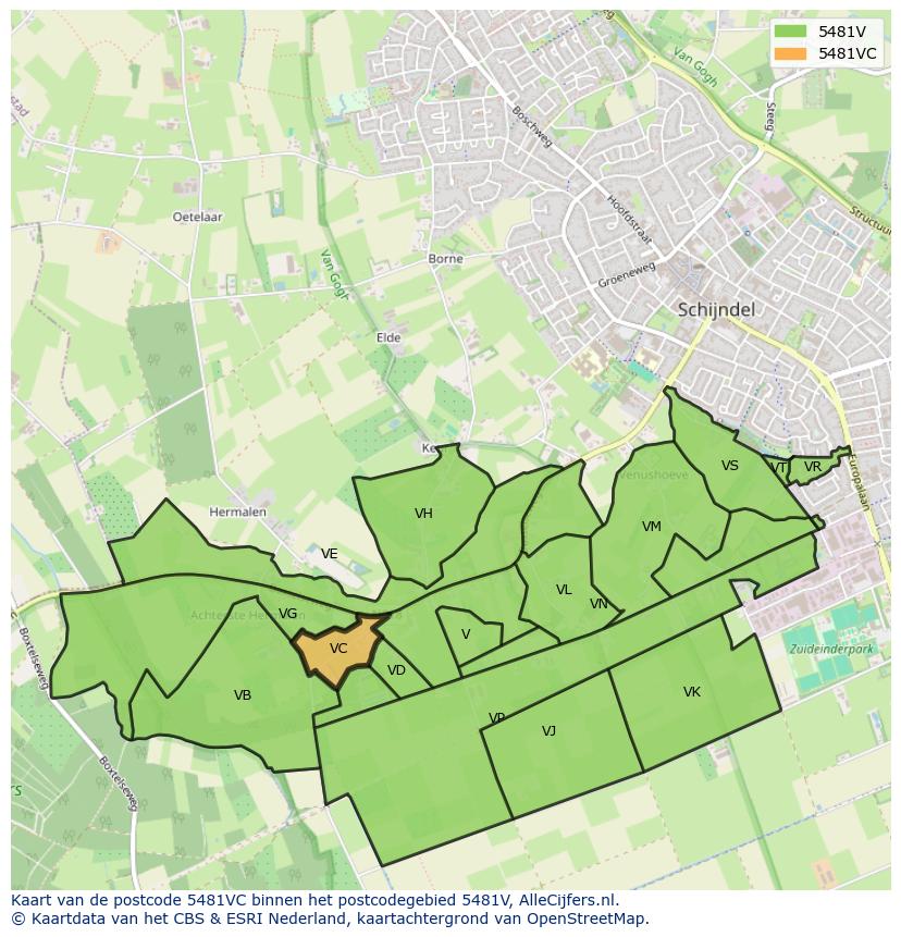 Afbeelding van het postcodegebied 5481 VC op de kaart.