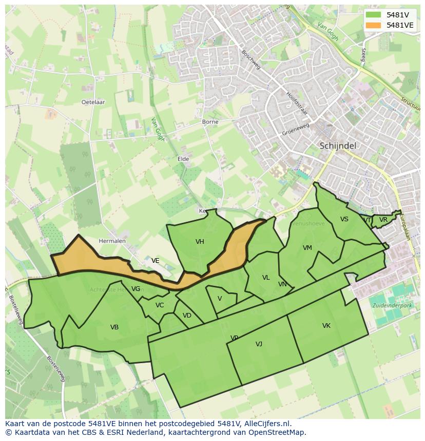 Afbeelding van het postcodegebied 5481 VE op de kaart.