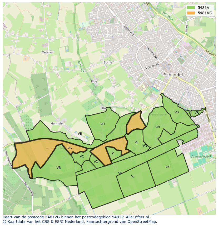 Afbeelding van het postcodegebied 5481 VG op de kaart.