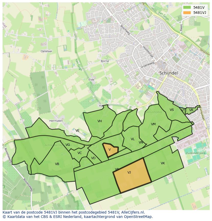 Afbeelding van het postcodegebied 5481 VJ op de kaart.