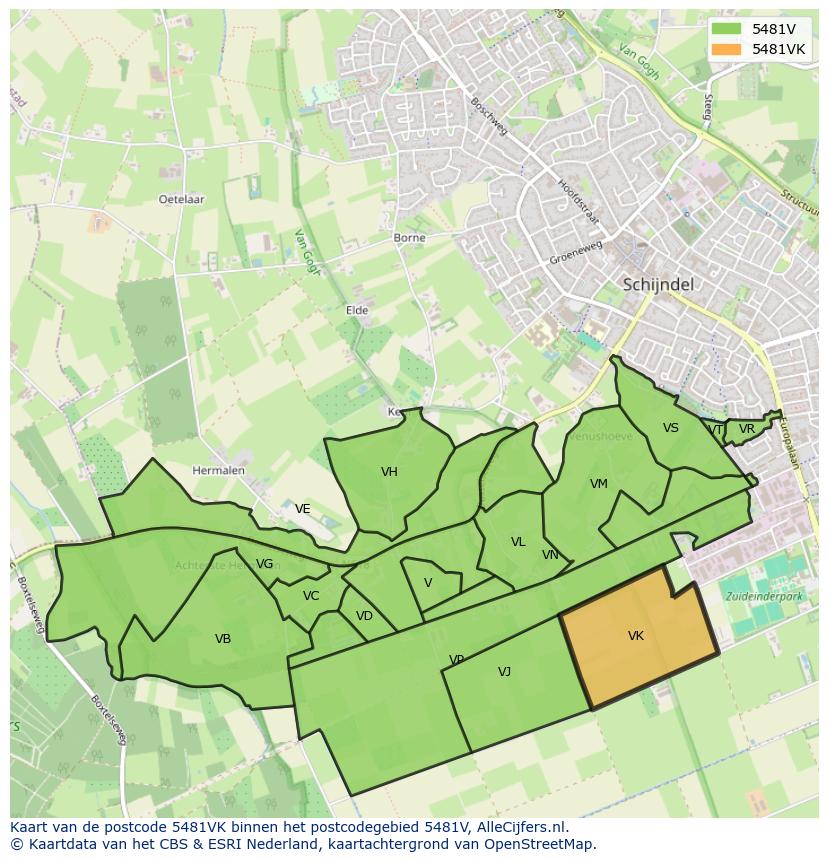 Afbeelding van het postcodegebied 5481 VK op de kaart.