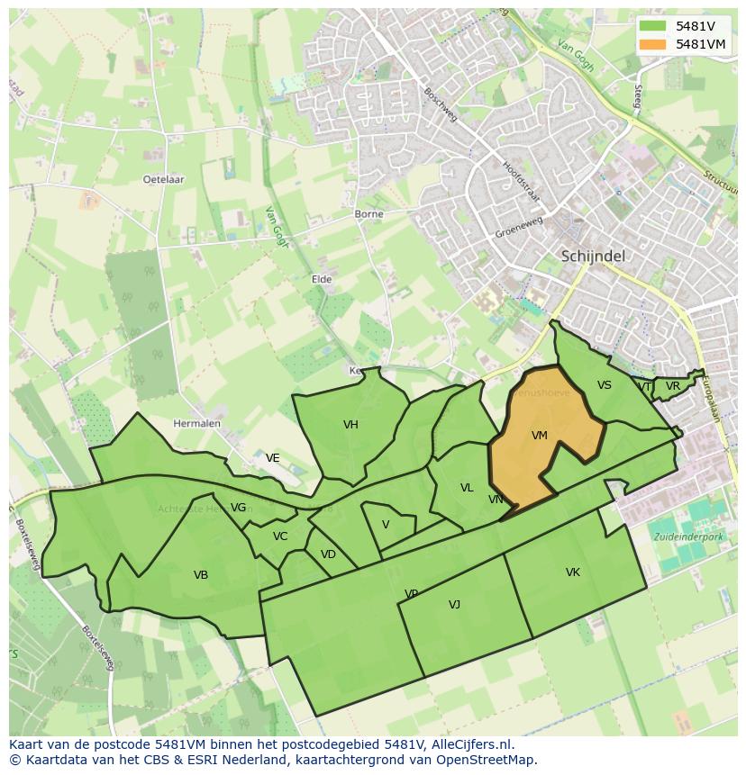 Afbeelding van het postcodegebied 5481 VM op de kaart.