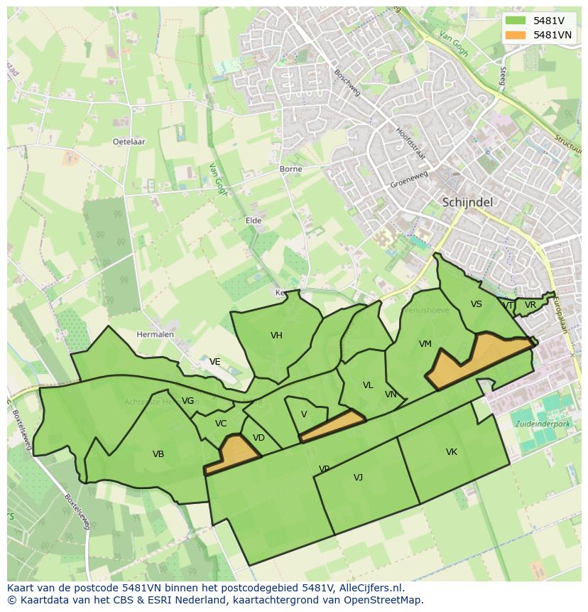 Afbeelding van het postcodegebied 5481 VN op de kaart.