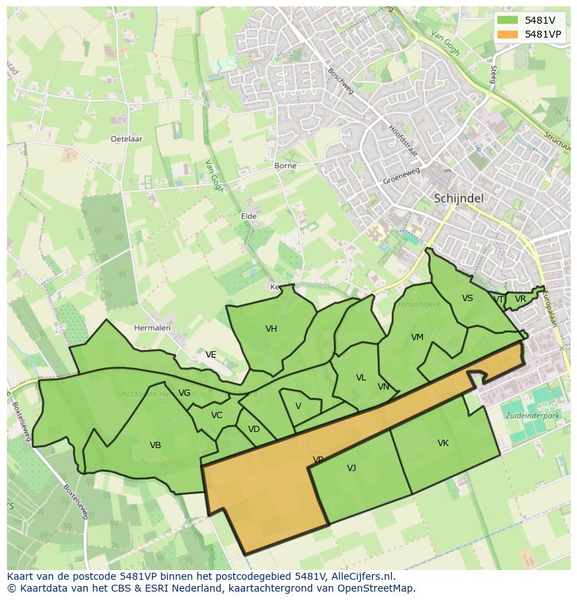 Afbeelding van het postcodegebied 5481 VP op de kaart.