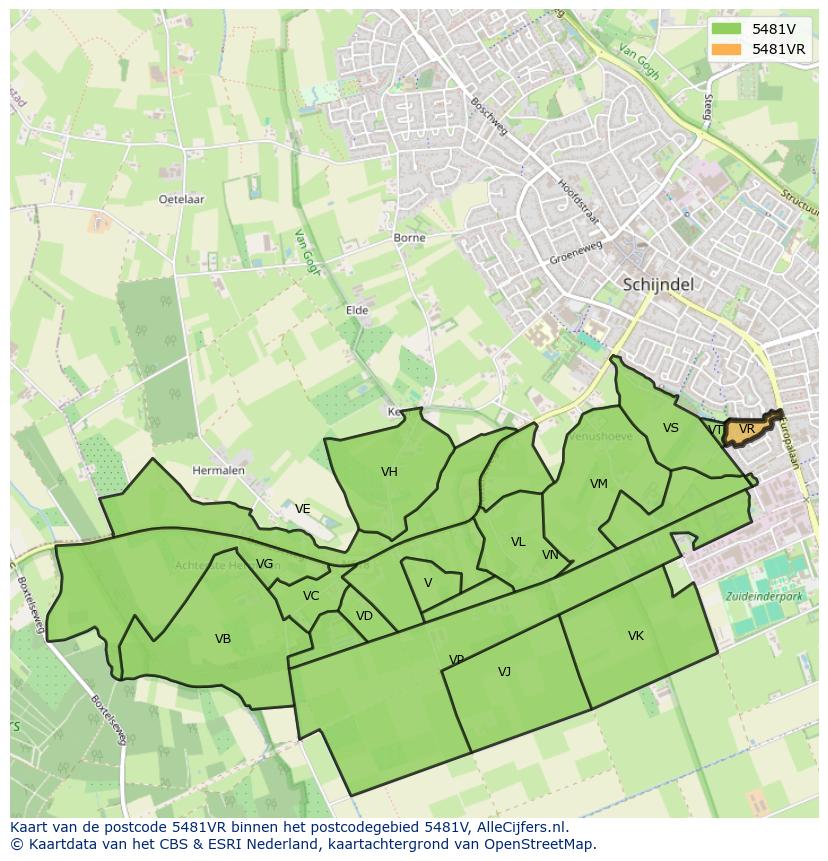 Afbeelding van het postcodegebied 5481 VR op de kaart.