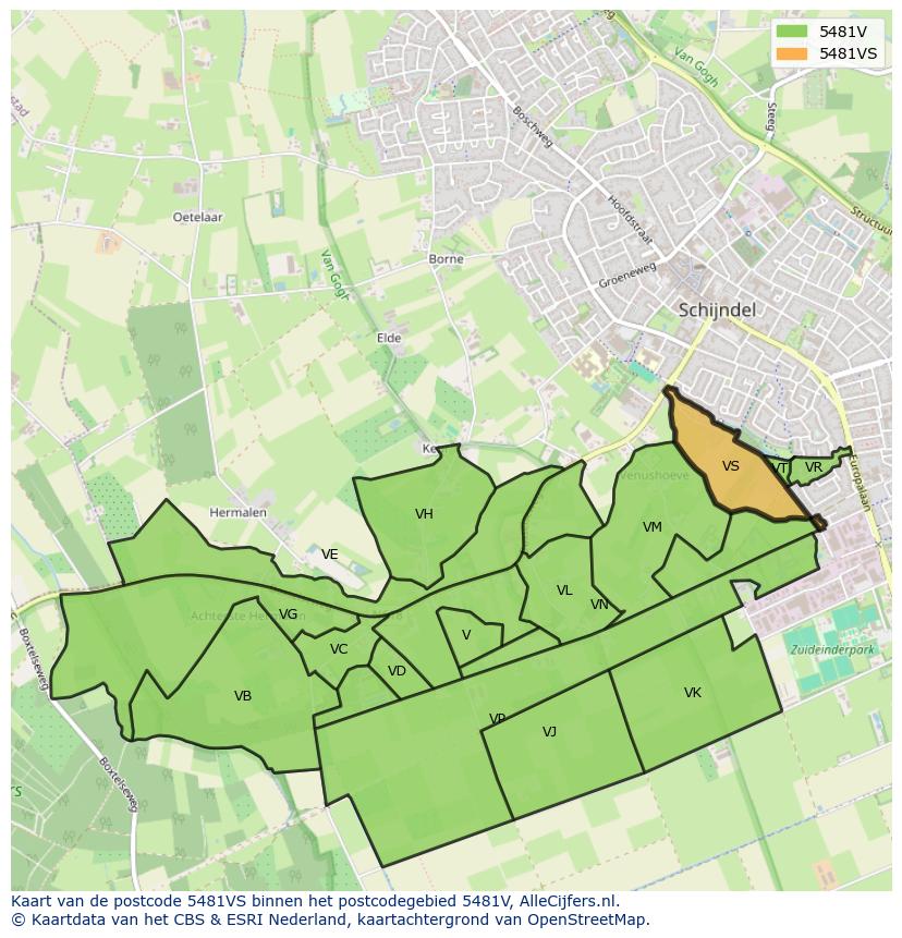 Afbeelding van het postcodegebied 5481 VS op de kaart.