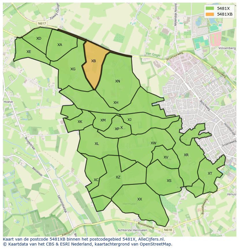 Afbeelding van het postcodegebied 5481 XB op de kaart.