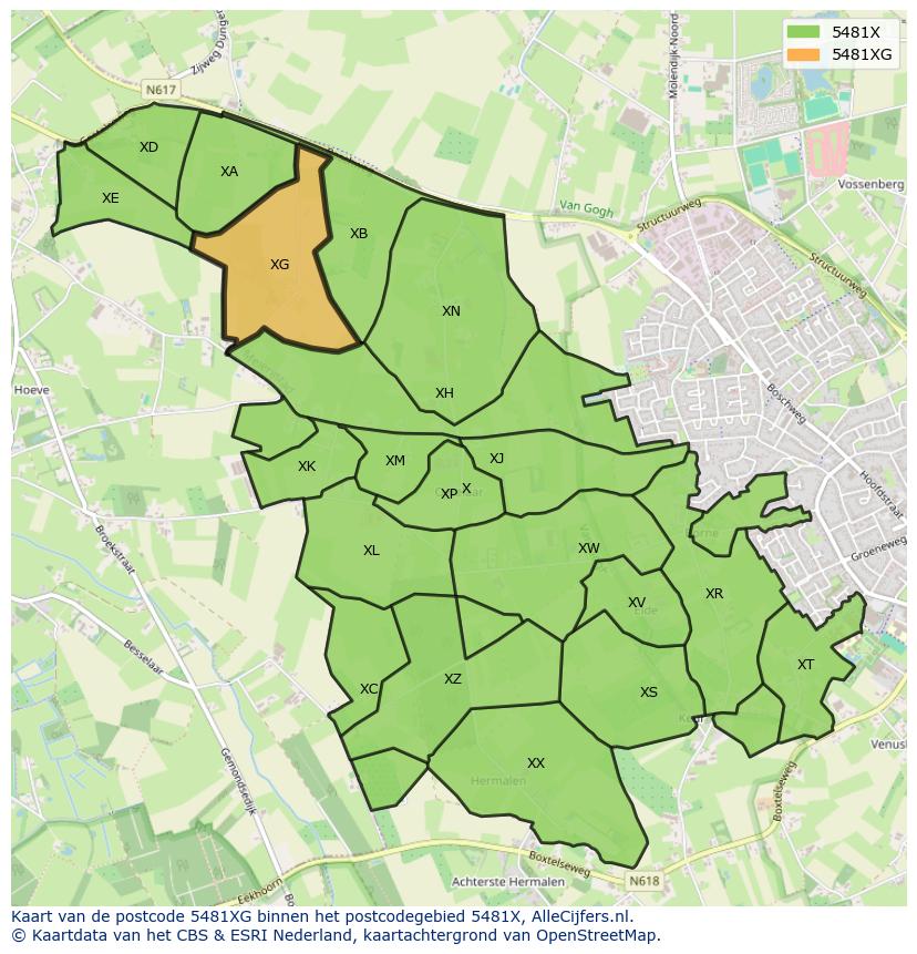 Afbeelding van het postcodegebied 5481 XG op de kaart.