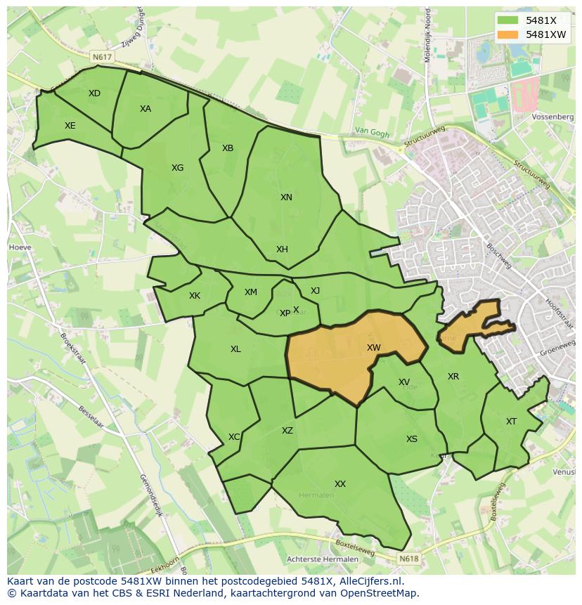 Afbeelding van het postcodegebied 5481 XW op de kaart.