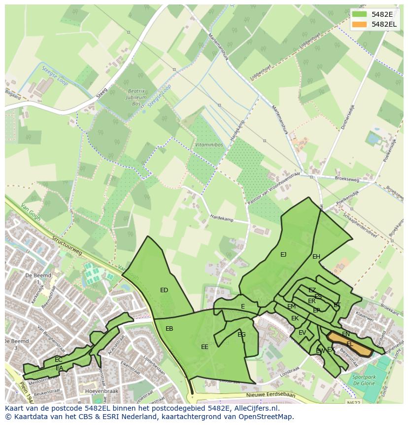 Afbeelding van het postcodegebied 5482 EL op de kaart.