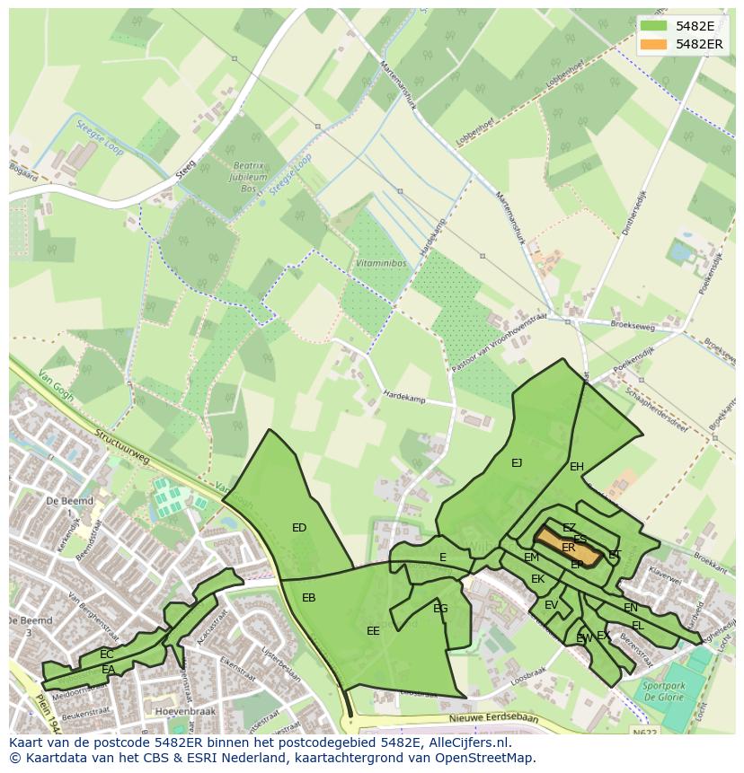 Afbeelding van het postcodegebied 5482 ER op de kaart.