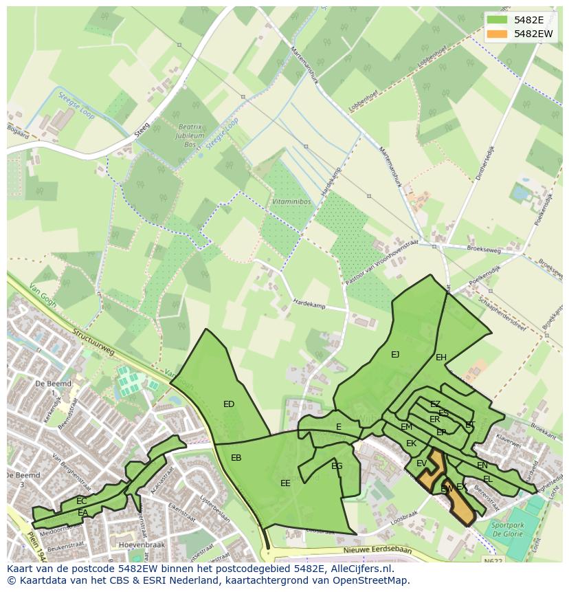 Afbeelding van het postcodegebied 5482 EW op de kaart.