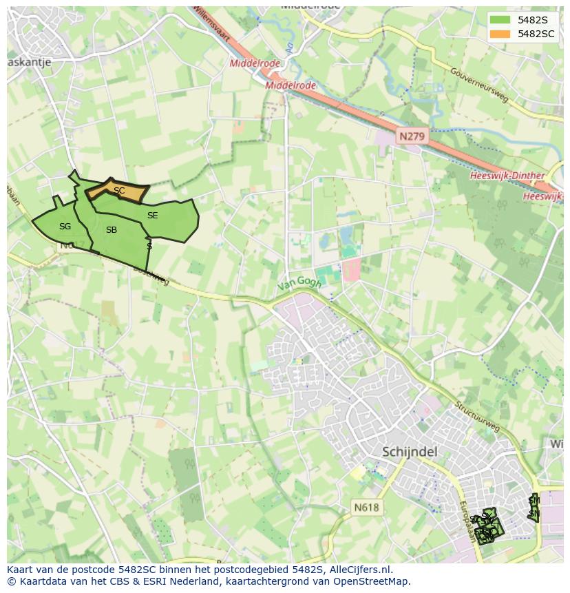 Afbeelding van het postcodegebied 5482 SC op de kaart.