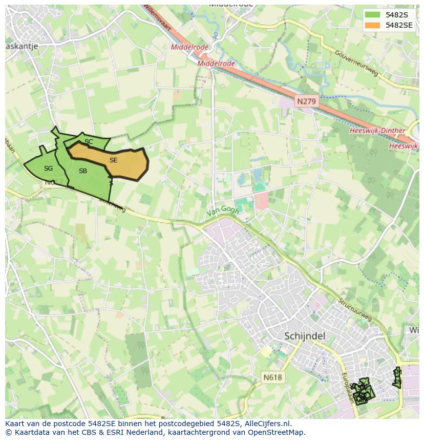 Afbeelding van het postcodegebied 5482 SE op de kaart.