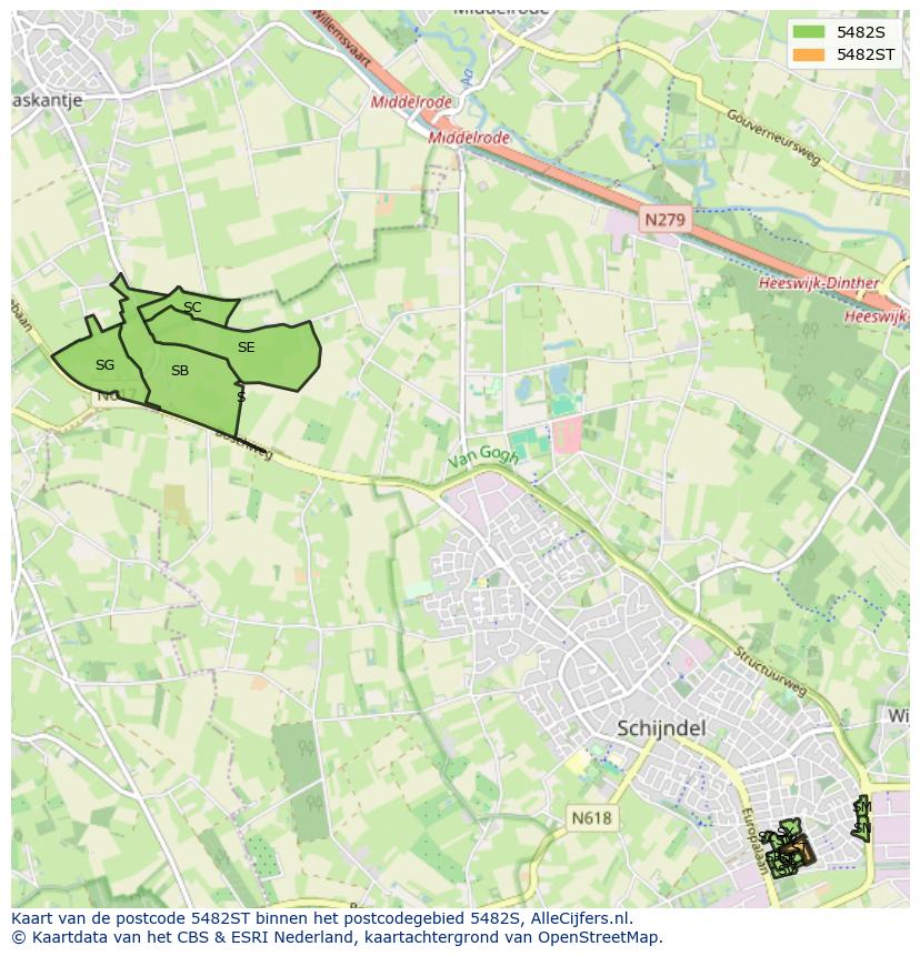 Afbeelding van het postcodegebied 5482 ST op de kaart.