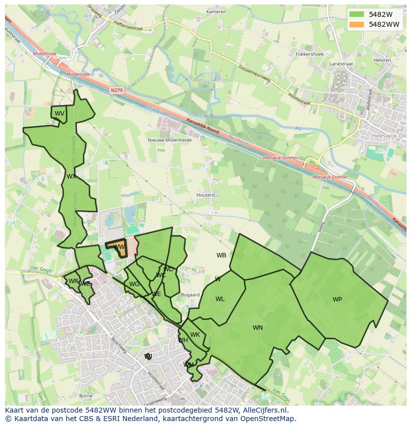 Afbeelding van het postcodegebied 5482 WW op de kaart.