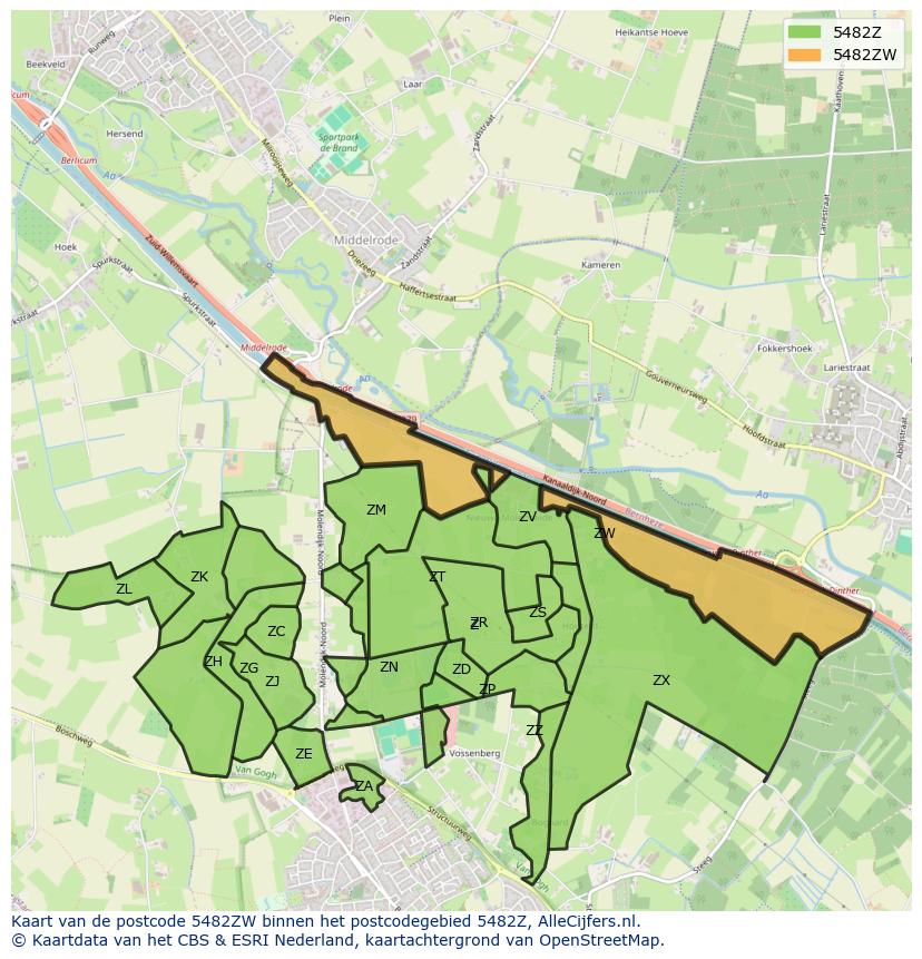 Afbeelding van het postcodegebied 5482 ZW op de kaart.