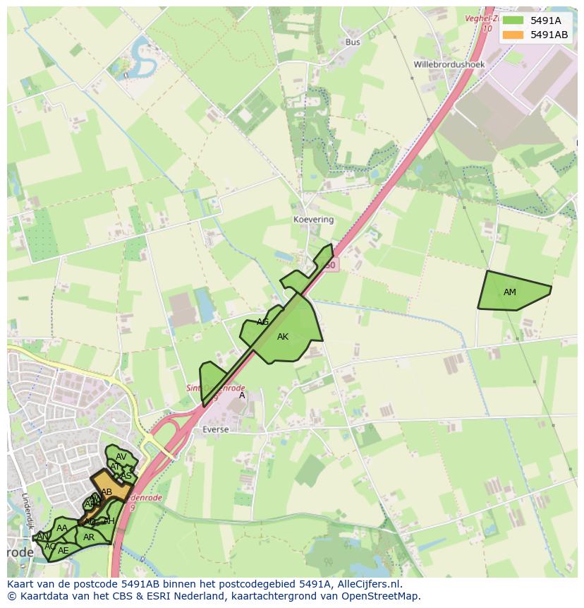 Afbeelding van het postcodegebied 5491 AB op de kaart.