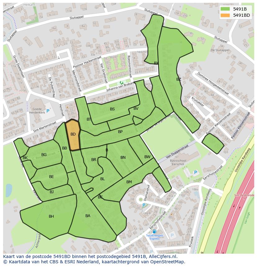 Afbeelding van het postcodegebied 5491 BD op de kaart.