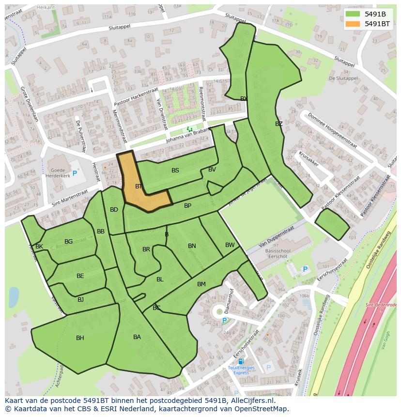 Afbeelding van het postcodegebied 5491 BT op de kaart.
