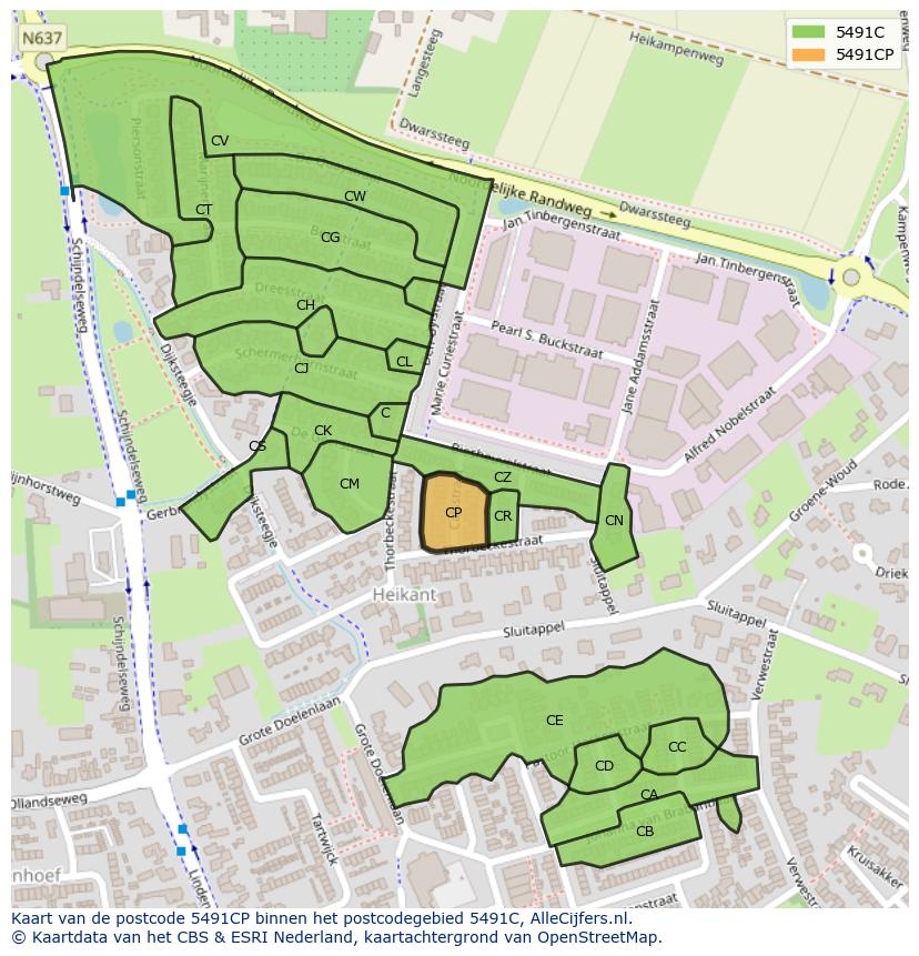 Afbeelding van het postcodegebied 5491 CP op de kaart.