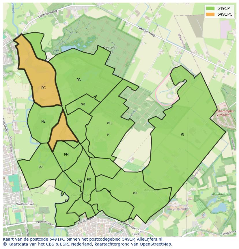 Afbeelding van het postcodegebied 5491 PC op de kaart.