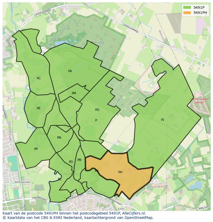 Afbeelding van het postcodegebied 5491 PH op de kaart.