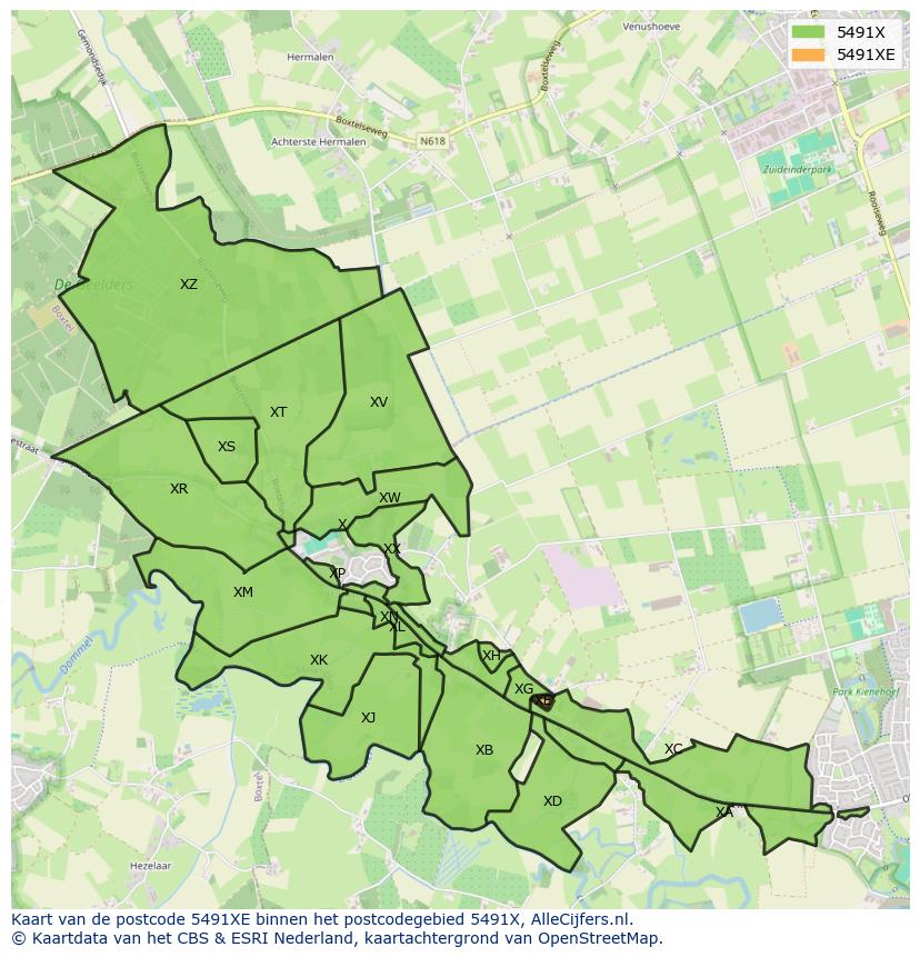 Afbeelding van het postcodegebied 5491 XE op de kaart.