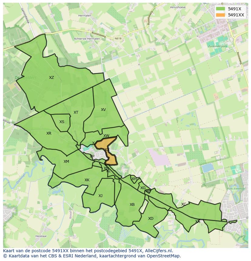 Afbeelding van het postcodegebied 5491 XX op de kaart.