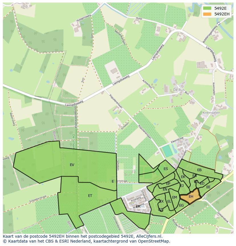 Afbeelding van het postcodegebied 5492 EH op de kaart.