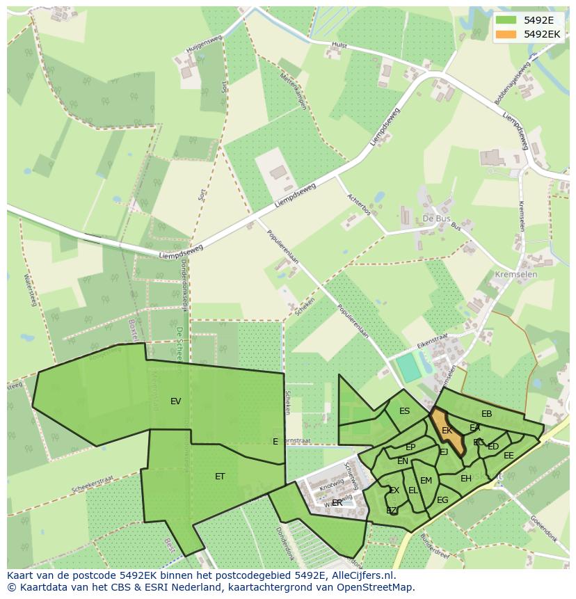 Afbeelding van het postcodegebied 5492 EK op de kaart.