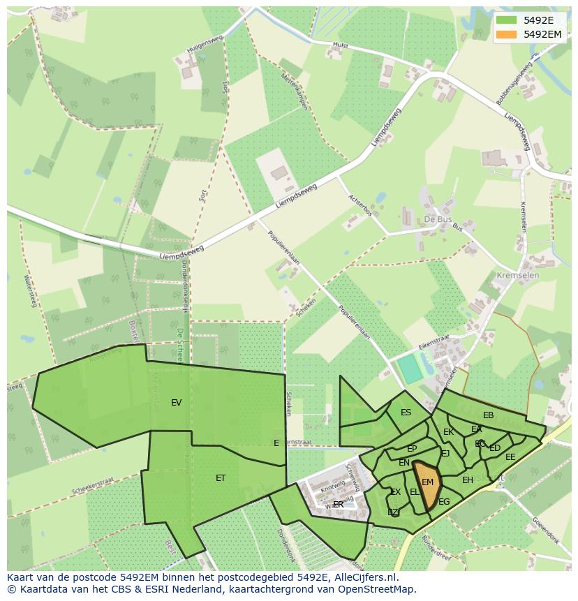 Afbeelding van het postcodegebied 5492 EM op de kaart.
