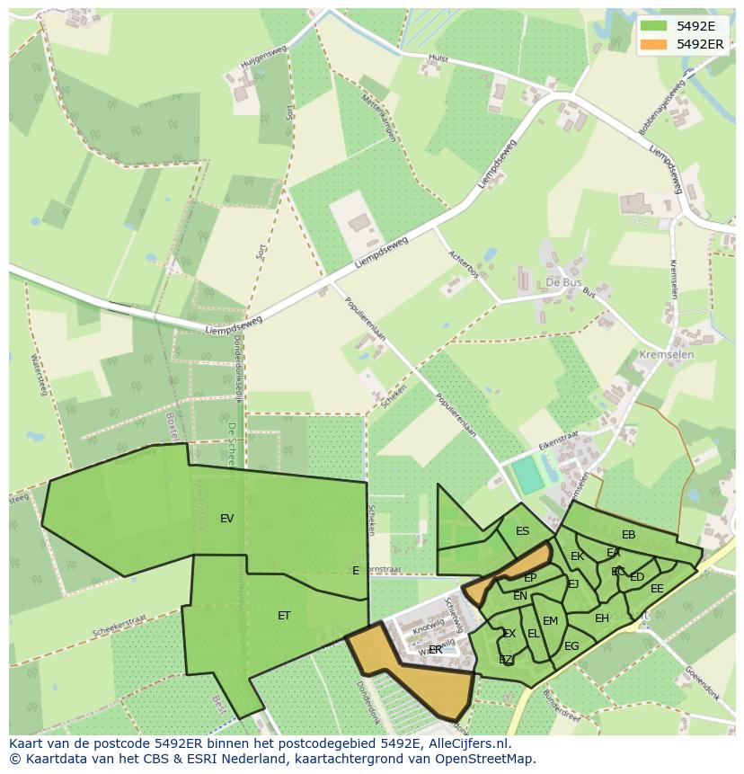 Afbeelding van het postcodegebied 5492 ER op de kaart.
