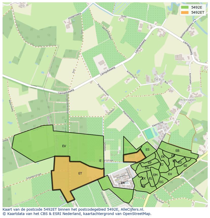 Afbeelding van het postcodegebied 5492 ET op de kaart.