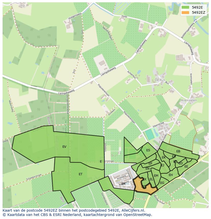 Afbeelding van het postcodegebied 5492 EZ op de kaart.