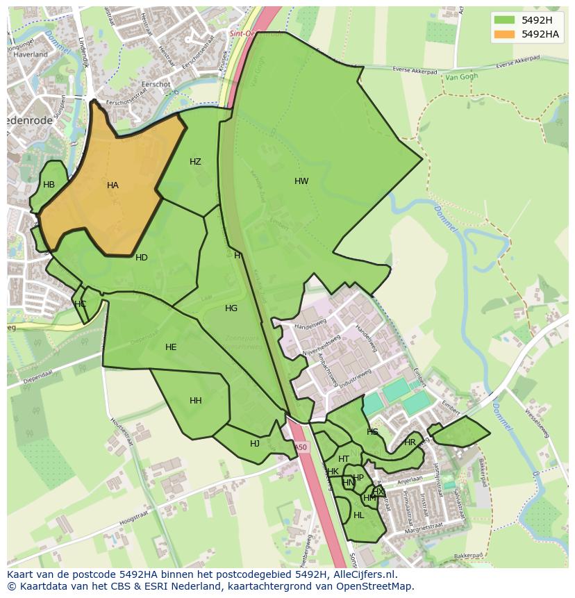 Afbeelding van het postcodegebied 5492 HA op de kaart.
