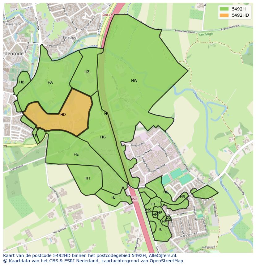 Afbeelding van het postcodegebied 5492 HD op de kaart.