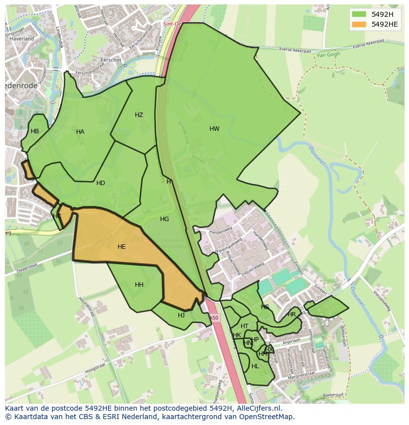 Afbeelding van het postcodegebied 5492 HE op de kaart.