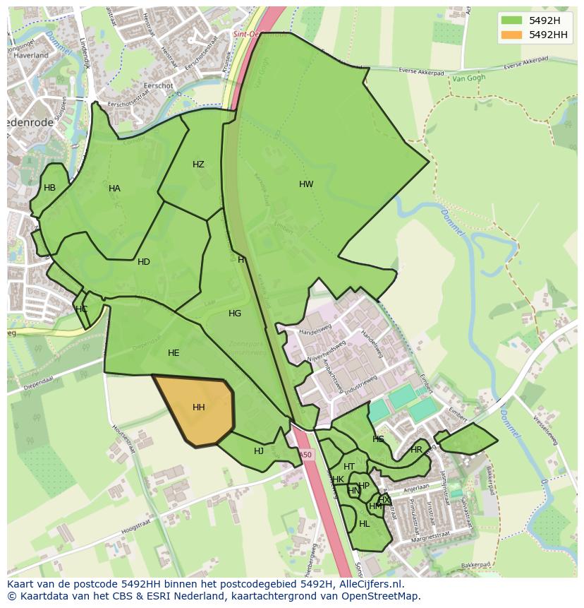 Afbeelding van het postcodegebied 5492 HH op de kaart.