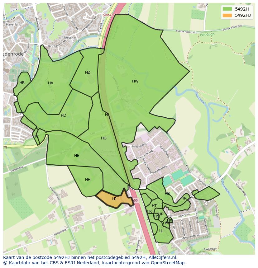 Afbeelding van het postcodegebied 5492 HJ op de kaart.