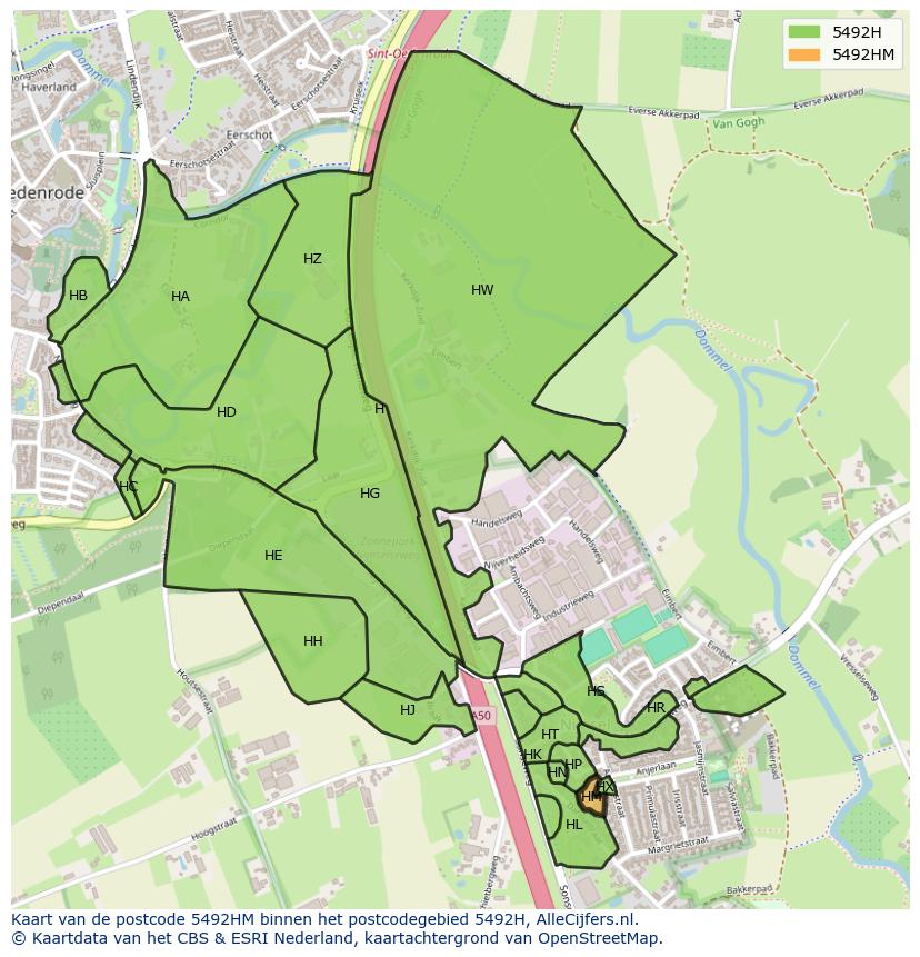 Afbeelding van het postcodegebied 5492 HM op de kaart.