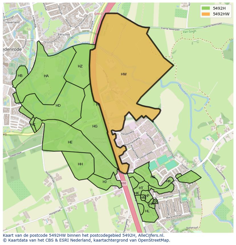 Afbeelding van het postcodegebied 5492 HW op de kaart.