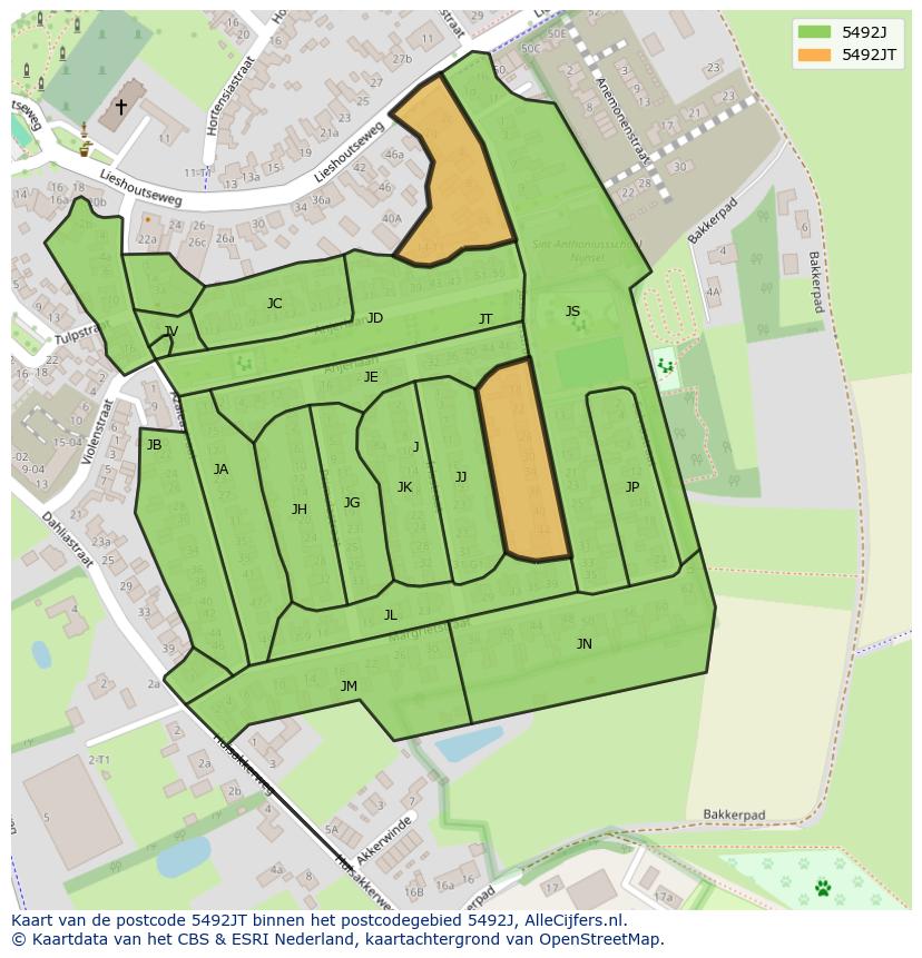 Afbeelding van het postcodegebied 5492 JT op de kaart.