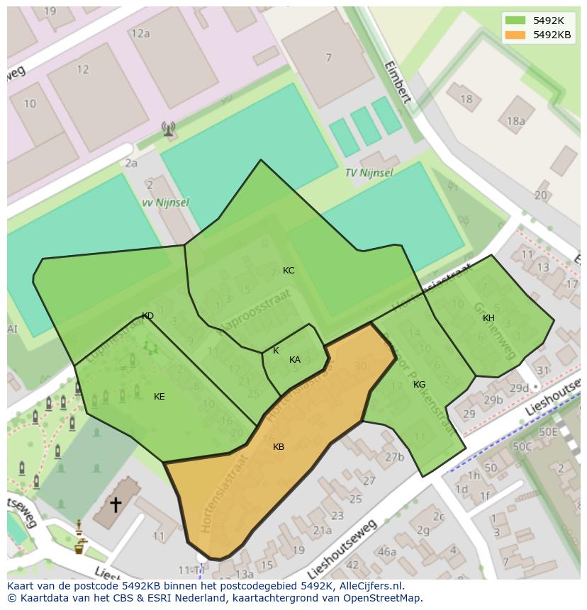 Afbeelding van het postcodegebied 5492 KB op de kaart.
