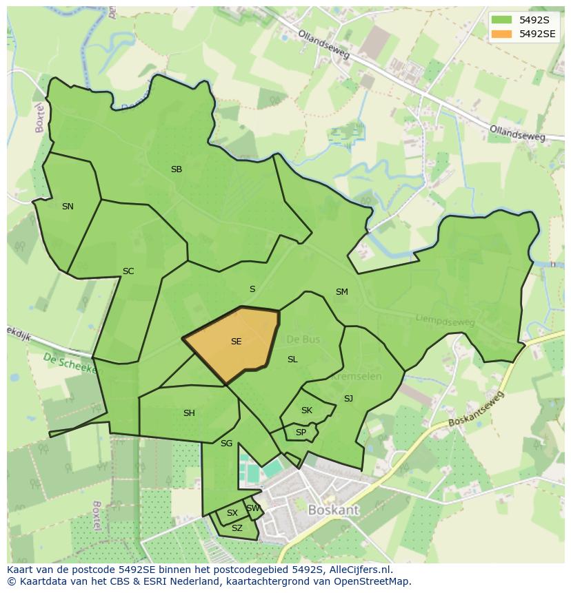 Afbeelding van het postcodegebied 5492 SE op de kaart.