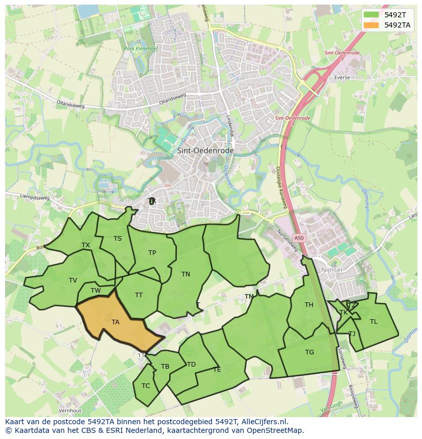 Afbeelding van het postcodegebied 5492 TA op de kaart.