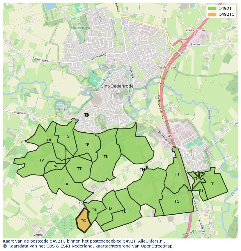 Afbeelding van het postcodegebied 5492 TC op de kaart.