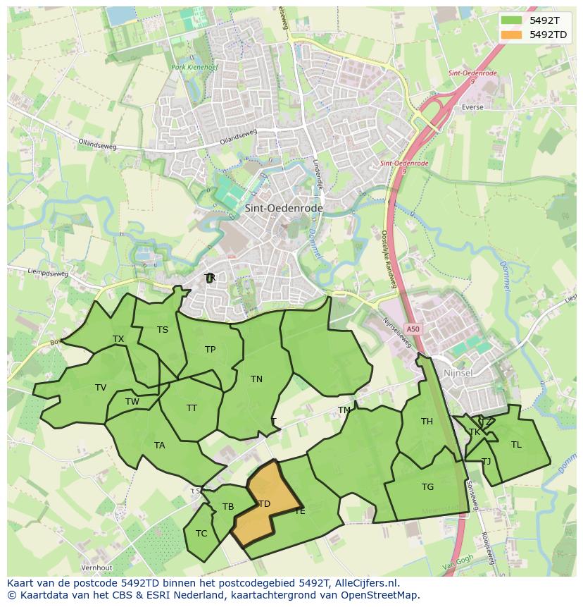 Afbeelding van het postcodegebied 5492 TD op de kaart.